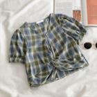 Color-block Plaid V-neck Short-sleeve Blouse