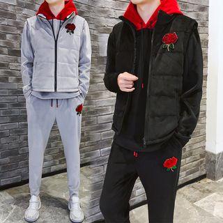 Set: Rose Applique Padded Vest + Hoodie + Sweatpants