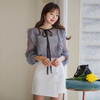 Set: Ruffle-trim Check Blouse + Camisole Top