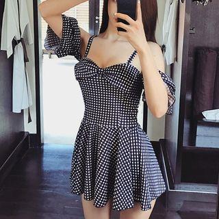 Plaid Cold-shoulder Swimdress