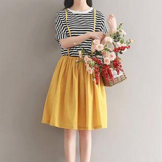 Mock Two-piece Short-sleeve Striped Panel A-line Dress
