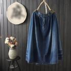 Elastic-waist Washed Midi Denim Skirt