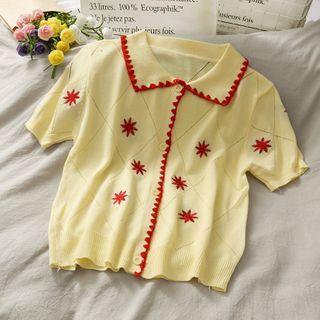 Embroidered Button-down Knit Top Yellow - One Size