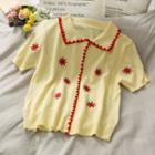 Embroidered Button-down Knit Top Yellow - One Size