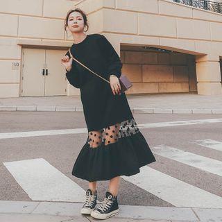 Dotted Mesh Panel Midi Sweatshirt Dress