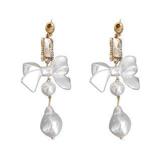 Bow Rhinestone Faux Pearl Fringed Earring 1 Pair - Silver Needle - Pearl White - One Size