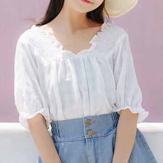 Ruffle Trim Short-sleeve Blouse White - One Size