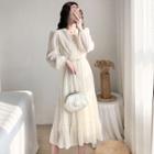 Set: Puff-sleeve A-line Midi Dress + Sash