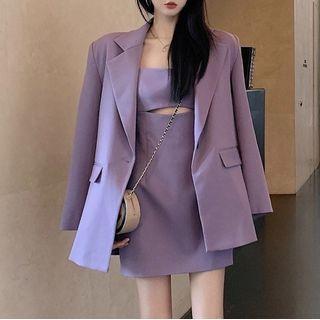 Pocket Detail Long-sleeve Blazer / Plain Suspender Skirt