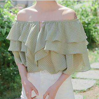 Cold Shoulder Ruffle Trim Elbow-sleeve Top