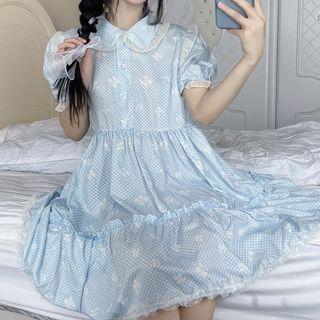 Puff-sleeve Collar Lace Trim Mini A-line Dress