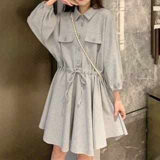 Long-sleeve Drawstring-waist Mini A-line Dress