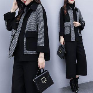 Set: Houndstooth Panel Jacket + Cropped Wide-leg Pants