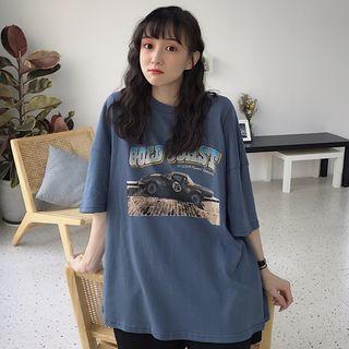 Short-sleeve Lettering Car Round Neck T-shirt