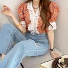 Puff-sleeve Lace-trim Floral Blouse