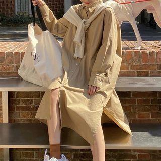 Long-sleeve Midi A-line Dress Khaki - One Size