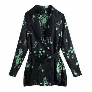 Floral Print Belted Double-breasted Blazer