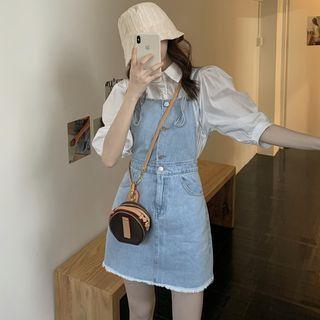 Puff-sleeve Shirt / Fringed Hem Denim Mini Overall Dress