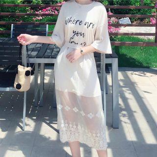 Short-sleeve Lettering Panel Midi Dress
