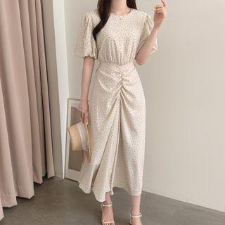 Dotted Shirred Midi A-line Dress