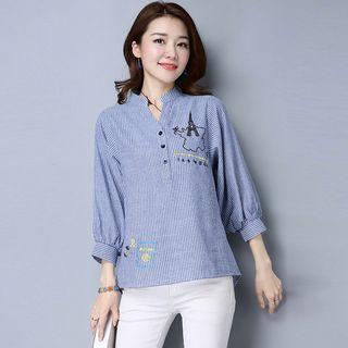 3/4-sleeve Embroidered Split-neck Blouse
