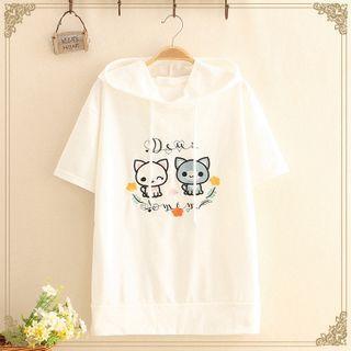 Cat Printed Short-sleeve Hooded Top