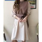 Set: Tie-front Sleeveless Top + Long-sleeve Dress Brown - One Size