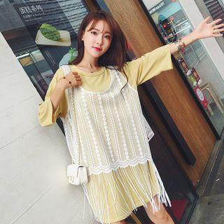 Set: 3/4-sleeve T-shirt Dress + Lace Tank Top