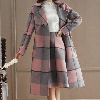 Set: Plaid Tie-waist Long Coat + A-line Skirt