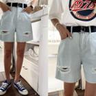 Slit-trim Fray-hem Shorts With Belt