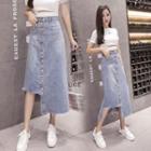 High-waist Asymmetric Frayed Denim Skirt