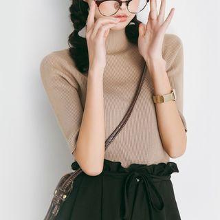 Plain Mock Neck Elbow Sleeve Knit T-shirt
