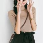 Plain Mock Neck Elbow Sleeve Knit T-shirt