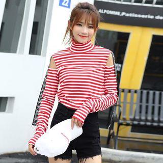 Turtleneck Stripe Open Shoulder Long-sleeve T-shirt