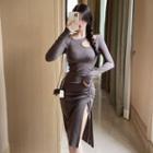 Long-sleeve Cutout Drawstring Slit Midi Sheath Dress