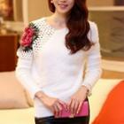 Flower Embroidered Perforated Panel Sweater