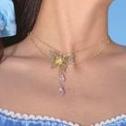 Butterfly Choker Double Layers - Cut Out Butterfly - White & Gold - One Size