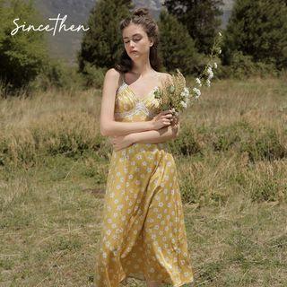 Spaghetti Strap Floral Print Lace Trim A-line Midi Dress