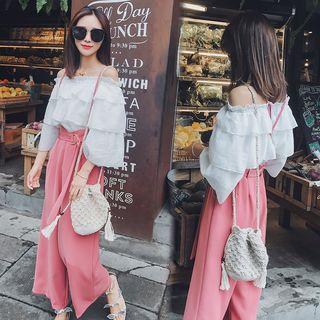 Tiered Off-shoulder Chiffon Top / Spaghetti Strap Pants