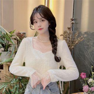 Mock Two-piece Lace Dots Panel Knit Long-sleeve Top
