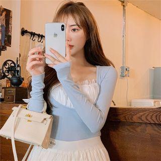Long-sleeve Frilled Two-tone Slim-fit Top Blue - One Size