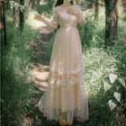Floral Embroidered Tie-waist Loose-fit Crewneck Panel Mesh Sheath Dress