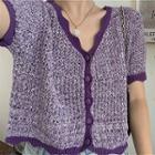 Color-block V-neck Short-sleeve Knit Top Purple - One Size