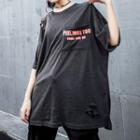 Elbow-sleeve Lettering Ripped T-shirt Gray - One Size