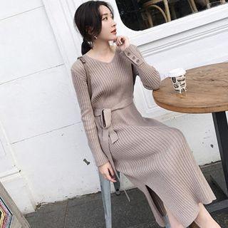 V-neck Slit Midi Ribbed Sweater Dress