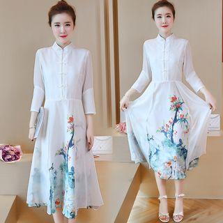 Mandarin Collar 3/4-sleeve Printed Midi Dress