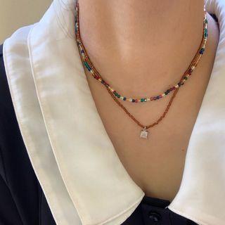 Square Pendant Layered Bead Choker Chocker - Bead - Red & Blue - One Size