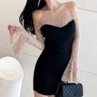Lace Panel Off-shoulder Long-sleeve Mini Bodycon Dress