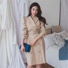 Puff-shoulder Double-breasted Coatdress With Belt