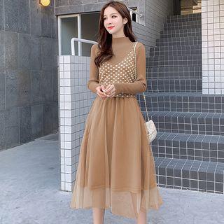 Set : Dotted Suspender Skirt + Plain Sweater